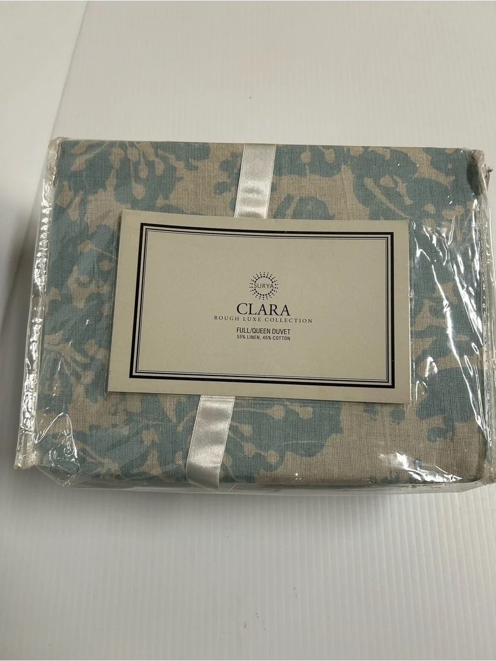 Surya Full Queen Duvet Clara Rough Luxe Blue Floral Linen Cotton 88x92 NEW